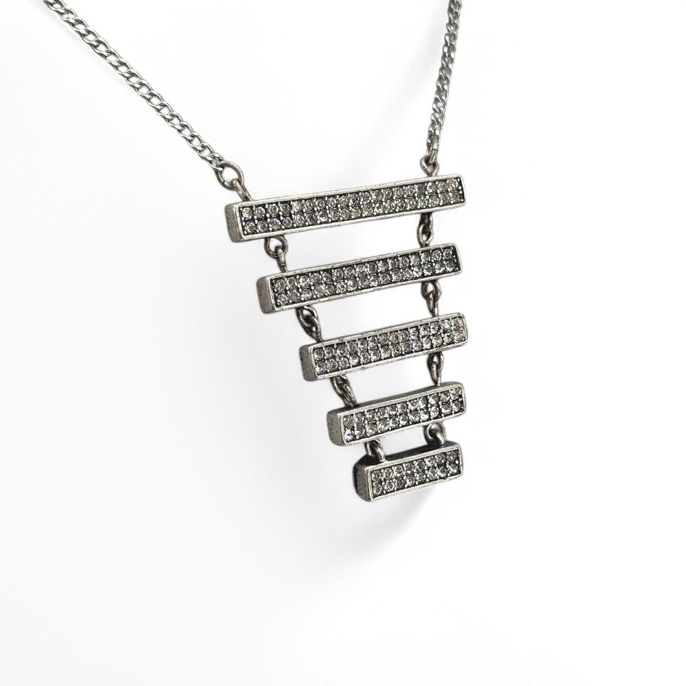 Mark by Avon Statement Necklace Silvertone Rhinestone Stacked Geometric Pendant - Picture 2 of 8